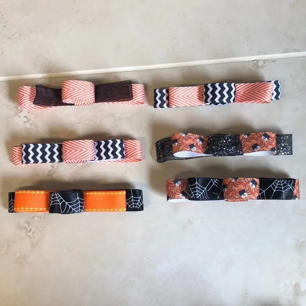 13 Halloween Hair Bow Barrettes Set Orange Black Candy Corn Spider Pumpkin Girls